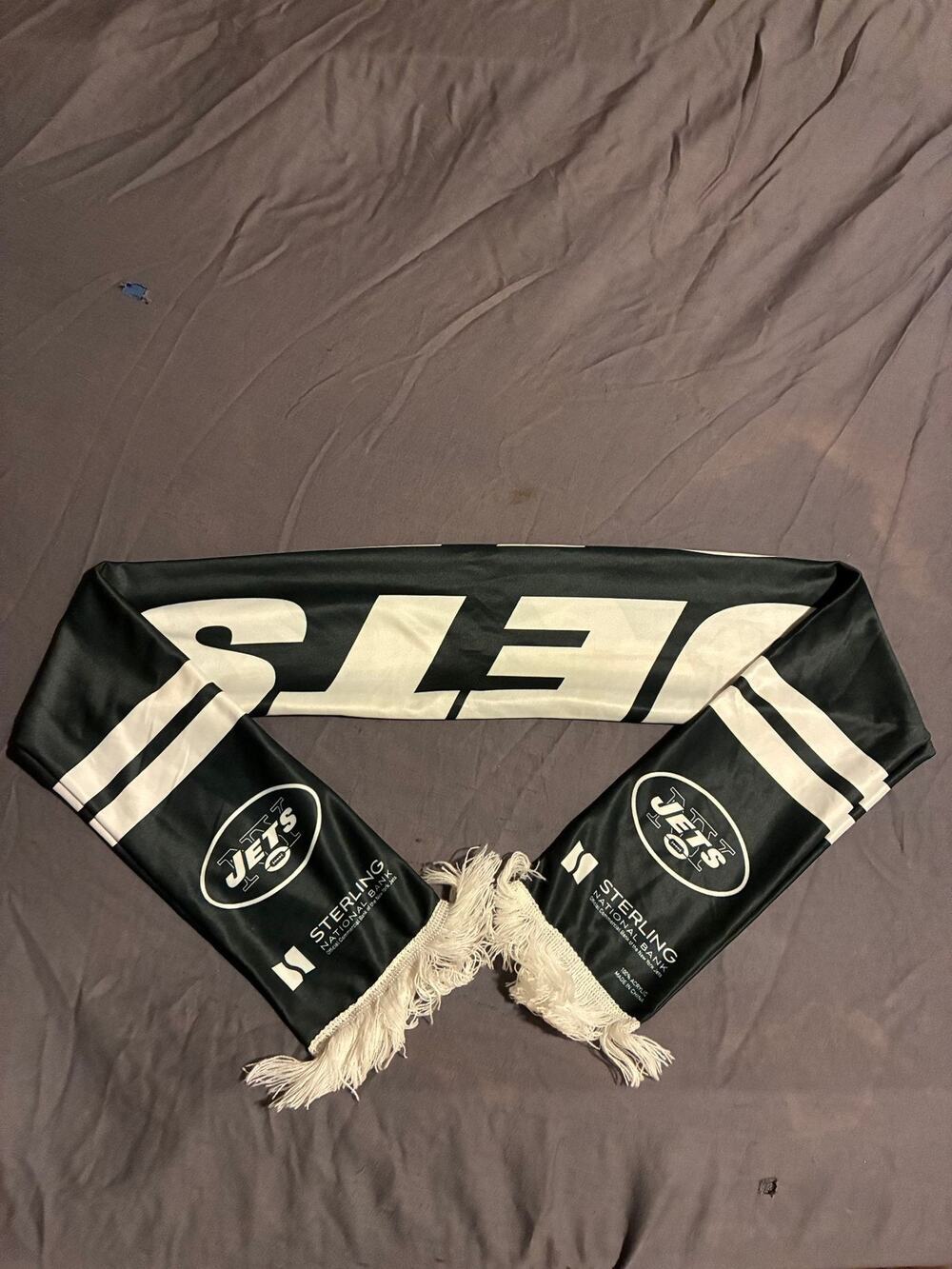 New York Jets Scarf Sterling National Bank Logo Black White Fringed Promotional